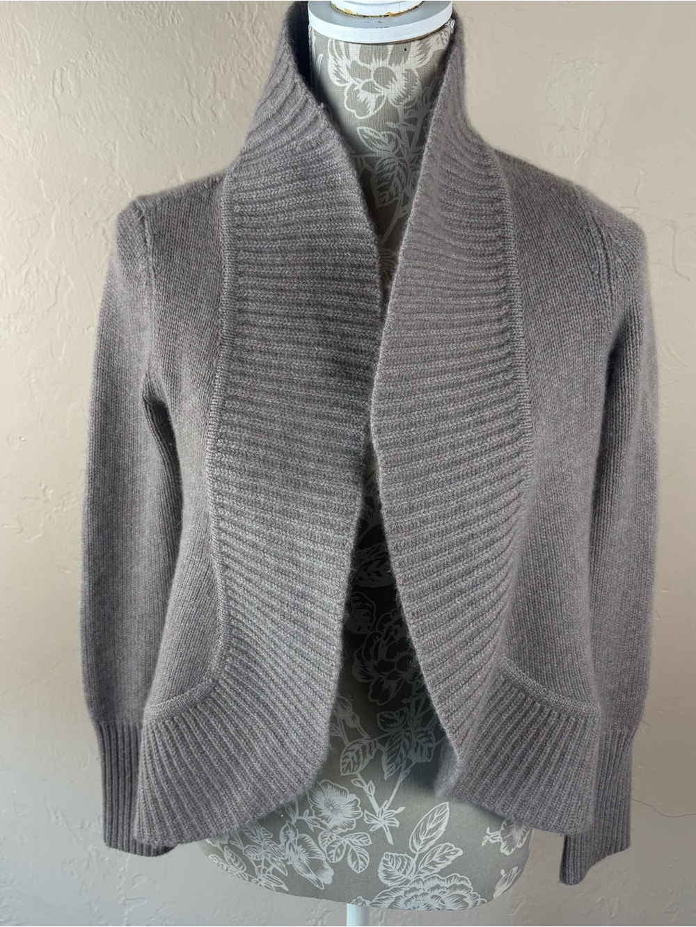 Talbots 100% Pure Cashmere Knit Cardigan Sweater Tan Open Front Cocoon Sz XS